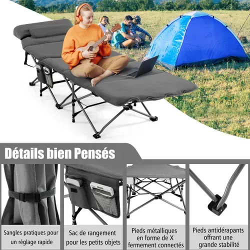 Lit De Camping Pliable 65 X 185 Cm Avec Matelas Et Oreiller Amovibles Lit D'appoint Pour Camping