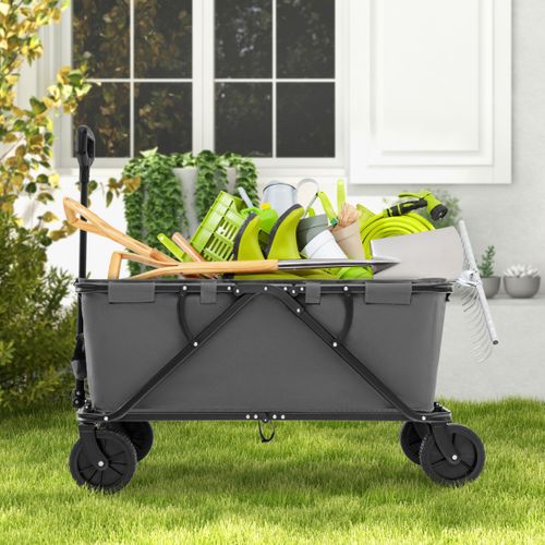 Chariot 170 L Chariot Pliable Avec Guidon Réglable Porte-bouteilles Et Poche De Rangement Gris