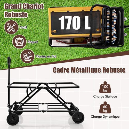 Chariot 170 L Chariot Pliable Avec Guidon Réglable Porte-bouteilles Et Poche De Rangement Gris