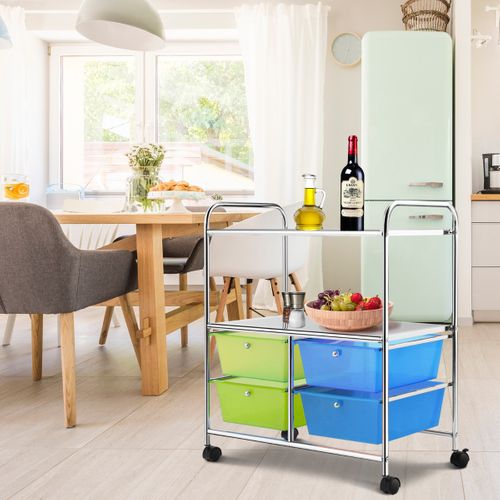 Desserte, Chariot De Rangement 63,5 X 37 X 75 Cm Avec 2 Etagères 4 Tiroirs 4 Roues Et 2 Freins