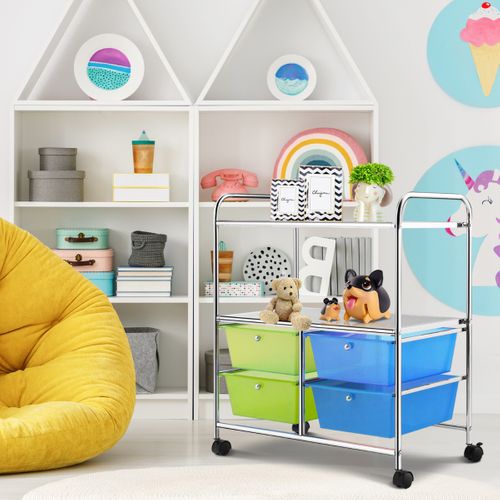 Desserte, Chariot De Rangement 63,5 X 37 X 75 Cm Avec 2 Etagères 4 Tiroirs 4 Roues Et 2 Freins