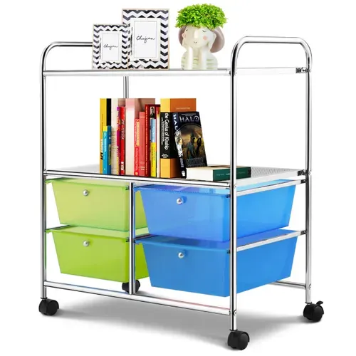 Desserte, Chariot De Rangement 63,5 X 37 X 75 Cm Avec 2 Etagères 4 Tiroirs 4 Roues Et 2 Freins