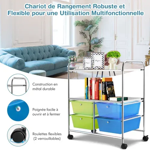 Desserte, Chariot De Rangement 63,5 X 37 X 75 Cm Avec 2 Etagères 4 Tiroirs 4 Roues Et 2 Freins