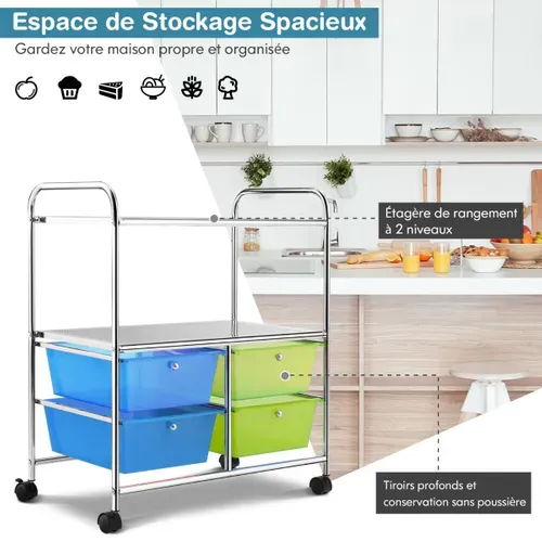 Desserte, Chariot De Rangement 63,5 X 37 X 75 Cm Avec 2 Etagères 4 Tiroirs 4 Roues Et 2 Freins