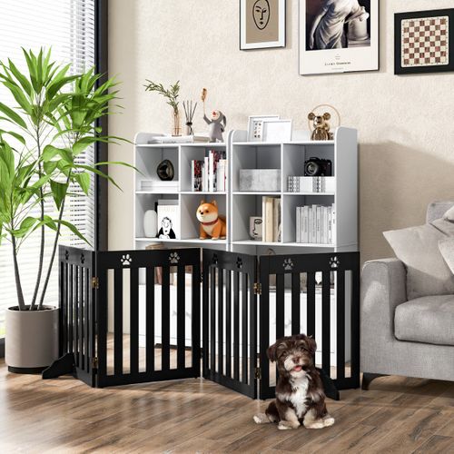 Barrière De Sécurité En Bois Pour Chiens Avec Charnières Flexibles à 360° Et 4 Panneux 60cm Marron