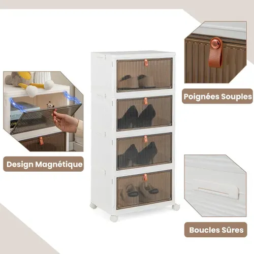 Meuble à Chaussures, Armoire à Chaussures Pliable 4 Niveaux Portes Transparentes Magnétiques