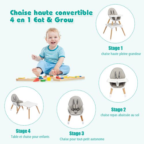 Chaise Haute Bébé 4 En 1 Plateau Réglable En 4 Etapes Pour Bébé 6 Mois-3 Ans Charge 15kg Gris