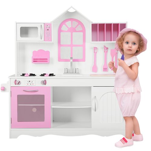 Cuisine Enfants Dinette Avec Evier, Four Micro-ondes Cuisinières 109x32x106.5cm Rose Bois