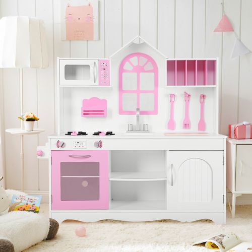 Cuisine Enfants Dinette Avec Evier, Four Micro-ondes Cuisinières 109x32x106.5cm Rose Bois