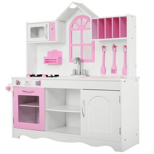 Cuisine Enfants Dinette Avec Evier, Four Micro-ondes Cuisinières 109x32x106.5cm Rose Bois