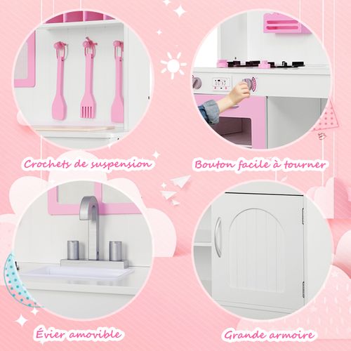 Cuisine Enfants Dinette Avec Evier, Four Micro-ondes Cuisinières 109x32x106.5cm Rose Bois