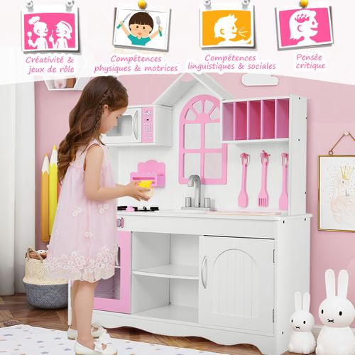 Cuisine Enfants Dinette Avec Evier, Four Micro-ondes Cuisinières 109x32x106.5cm Rose Bois