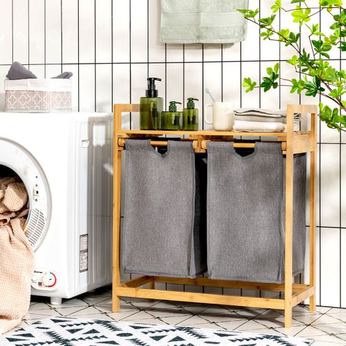 Panier à Linge Sur Pied En Bambou 64 X 33 X 73 Cm Avec 2 Sacs à Linge Sale Poignées Et Étagère