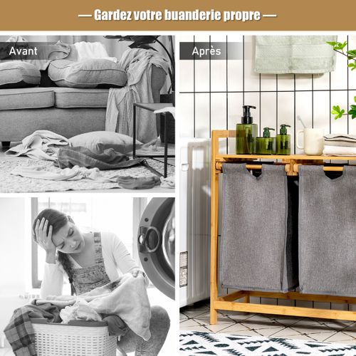 Panier à Linge Sur Pied En Bambou 64 X 33 X 73 Cm Avec 2 Sacs à Linge Sale Poignées Et Étagère