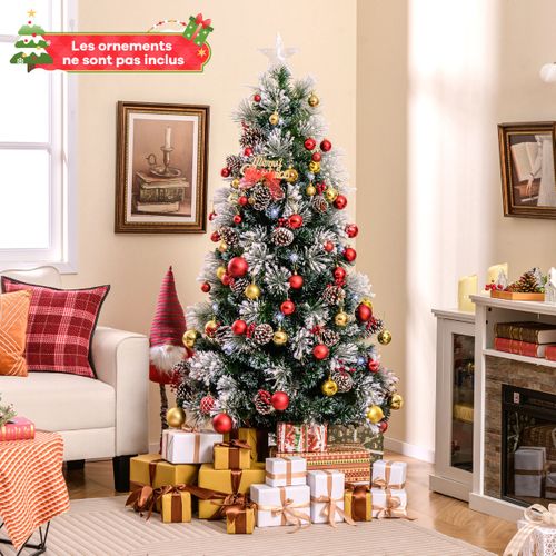 Sapin De Noël - Arbre De Noël Floqué Pointes De Branches Grappes De Baies Rouges 150cm Vertetblanc