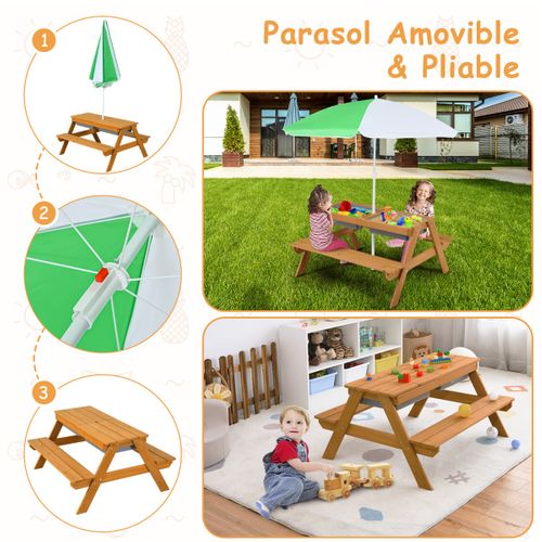 Table De Jardin Pour Enfant Avec 2 Bancs Et Parasol 2 Boîtes Plateau Amovible Blanc
