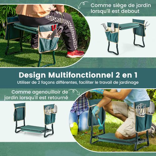 YARDIN Tabouret De Jardinage Pliable Avec Coussin EVA – Repose-Genoux Ou Siège 150 Kg, Poches Outils, Vert Kaki