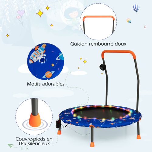 Trampoline Enfants, Tapis De Saut D.92cm Lumineux Avec Poignée Amovible Charge 25kg Bleu