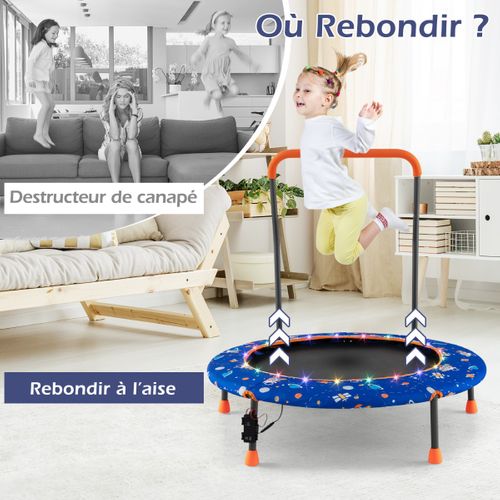 Trampoline Enfants, Tapis De Saut D.92cm Lumineux Avec Poignée Amovible Charge 25kg Bleu