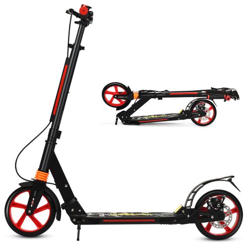 Trottinette à 2 Roues, Tapis De Saut Avec Frein Pliable 3 Hauteures Aajustables Rougeetnoir