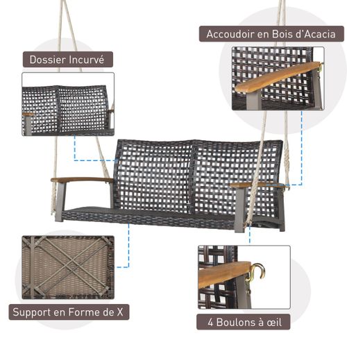 Balancelle D'extérieur, Balancelle De Jardin 2 Places Avec 2 Cordes Et Accoudoirs En Bois