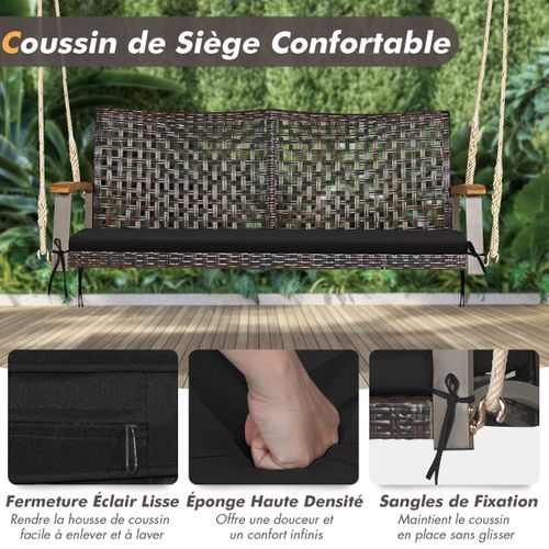 Balancelle D'extérieur, Balancelle De Jardin En Rotin 2 Place Accoudoirs En Bois D'acacia