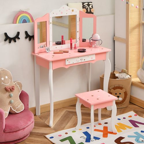 Coiffeuse Enfant, Table De Maquillage Avec Tabouret Tiroir Miroir à 3 Volets Amovible Rose