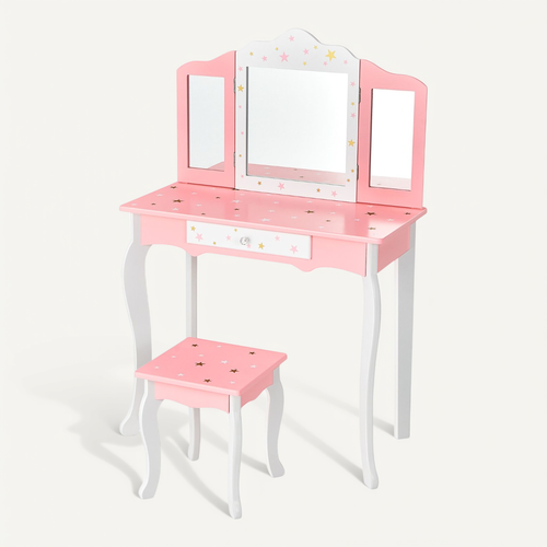 Coiffeuse Enfant, Table De Maquillage Avec Tabouret Tiroir Miroir à 3 Volets Amovible Rose