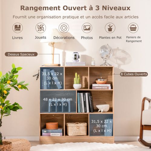 Bibliothèque, Étagère, Meuble De Rangement à 8 Cubes Autoportant à 3 Niveaux Bois 100 Cm Naturel