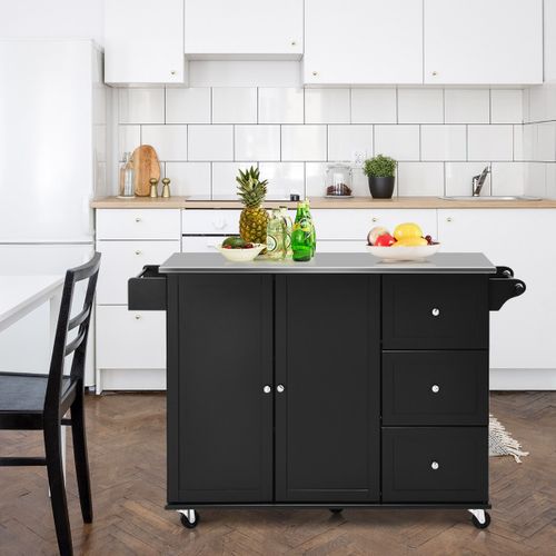 Desserte à Roulettes, Chariot De Rangement Avec 3 Tiroirs 2 Portes Et Porte-épices Noir