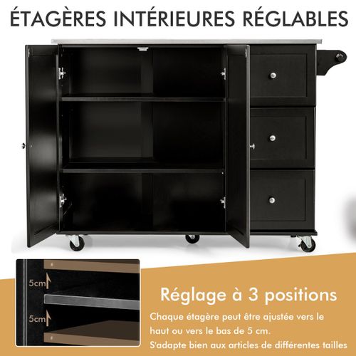 Desserte à Roulettes, Chariot De Rangement Avec 3 Tiroirs 2 Portes Et Porte-épices Noir