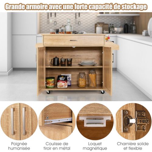 Desserte à Roulettes, Chariot De Rangement Plateau En Bois Etagères En Mdf 116x40x85cm Naturel