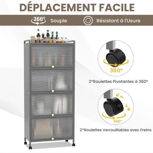 Buffet De Cuisine à Roulettes Meuble De Rangement Avec 4 Portes Pour Salle à Manger Salon Gris