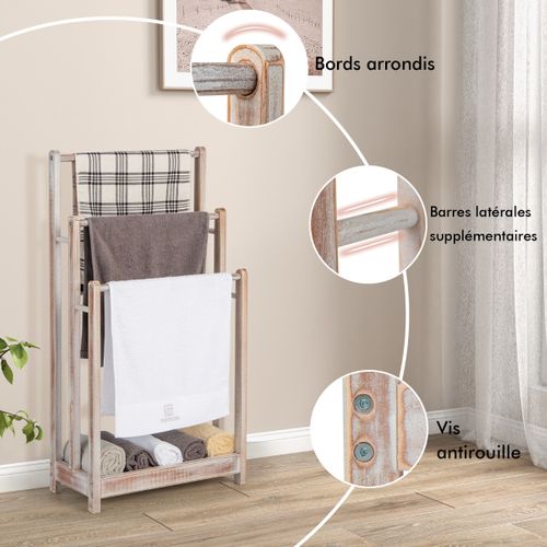 Porte-serviettes Sur Pied En Bois 3 Barres Et Étagère De Rangement Inférieure Blanc