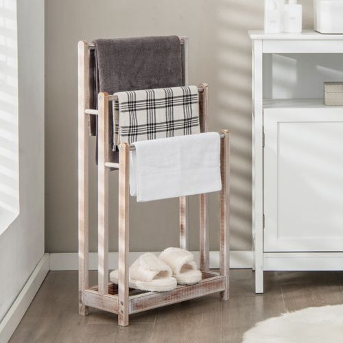 Porte-serviettes Sur Pied En Bois 3 Barres Et Étagère De Rangement Inférieure Blanc