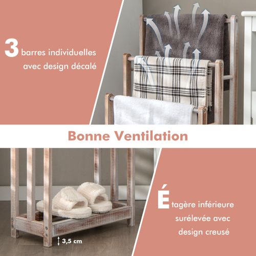 Porte-serviettes Sur Pied En Bois 3 Barres Et Étagère De Rangement Inférieure Blanc