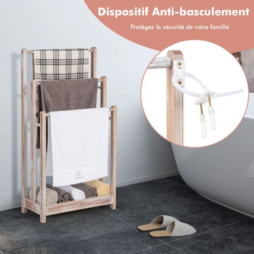 Porte-serviettes Sur Pied En Bois 3 Barres Et Étagère De Rangement Inférieure Blanc