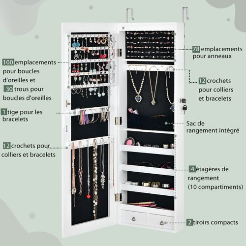 Armoire à Bijoux à Fixation Murale/porte 6 LED Et 2 Tiroirs Avec Miroir Grand Format Blanc