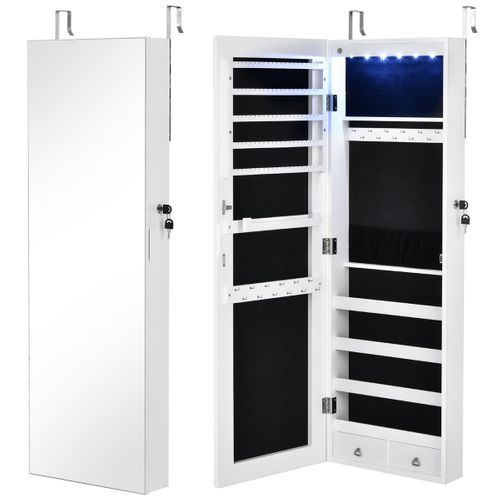 Armoire à Bijoux à Fixation Murale/porte 6 LED Et 2 Tiroirs Avec Miroir Grand Format Blanc
