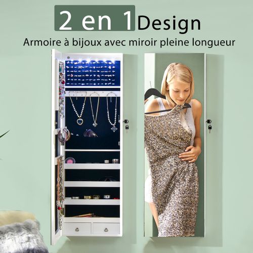 Armoire à Bijoux à Fixation Murale/porte 6 LED Et 2 Tiroirs Avec Miroir Grand Format Blanc