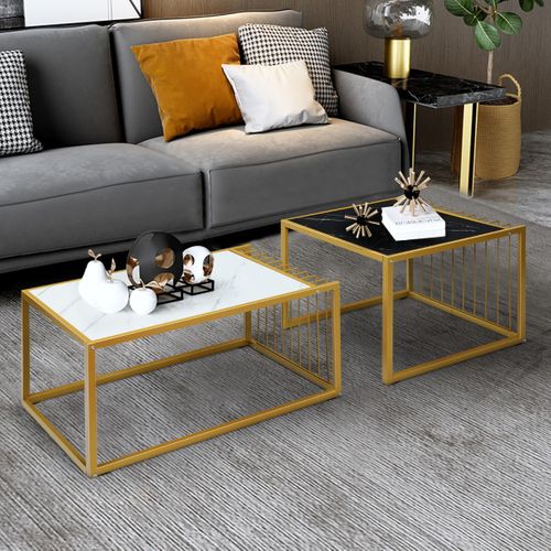 Lot De 2 Tables Basses Gigognes, Tables De Salon Surface En Marbre Moderne Métal