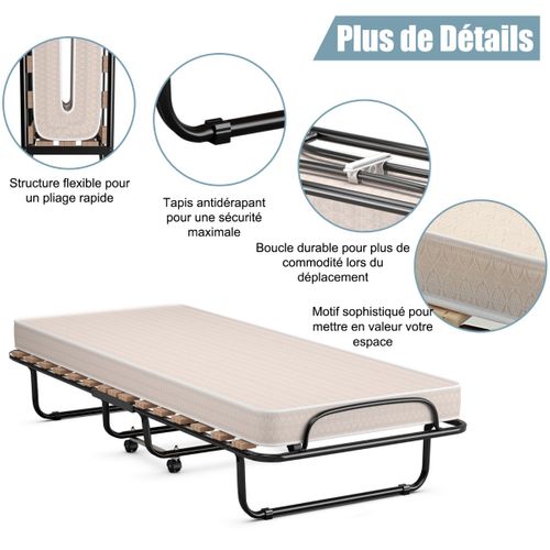 Lit D'appoint, Lit Pliant, Lit Simple Sur Roulettes 190 X 80 X 33 Cm Avec Matelas En Mousse