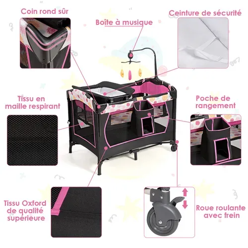 3 En 1 Lit Parapluie Pour Bébé Avec Table à Langer Pour Bébé 0-36 Mois Hauteur Réglable