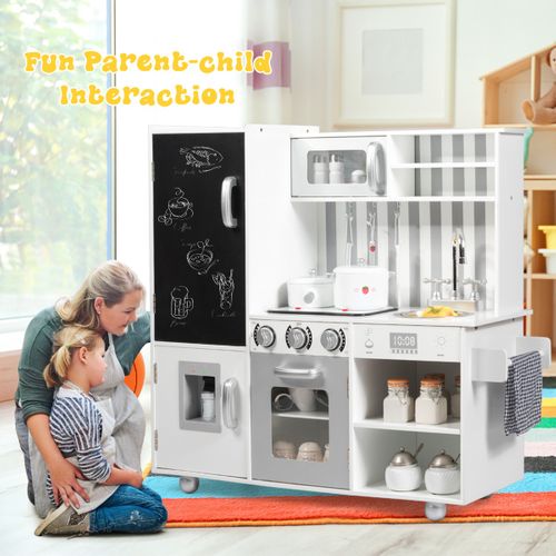 Cuisine Enfants Bleu avec Lumière & Effet Sonore & Rideaux, Jeu de Cuisine en Bois, pour 3 Ans