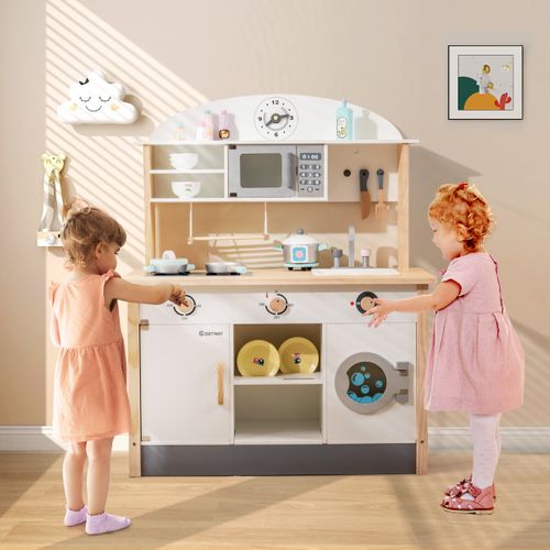 Cuisine Enfants En Bois Avec 17 Accessoires Jeu De Cuisine Avec Micro-ondes Et Machine à Laver