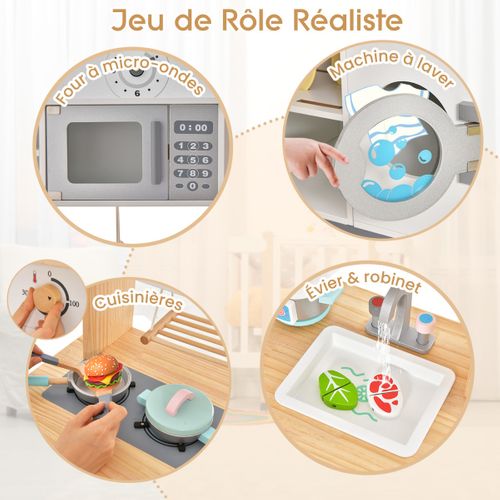 Cuisine Enfants En Bois Avec 17 Accessoires Jeu De Cuisine Avec Micro-ondes Et Machine à Laver