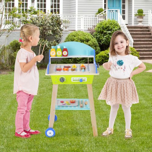 Jouet Barbecue Grill En Bois Pour Enfants 3 Ans+ 21 Accessoires Avec Roues Son Réaliste Cadeaux