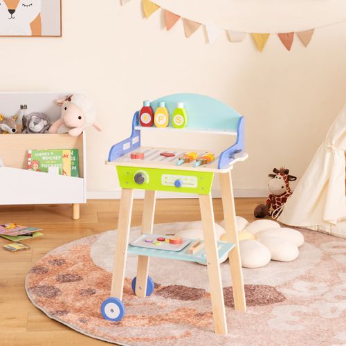 Jouet Barbecue Grill En Bois Pour Enfants 3 Ans+ 21 Accessoires Avec Roues Son Réaliste Cadeaux