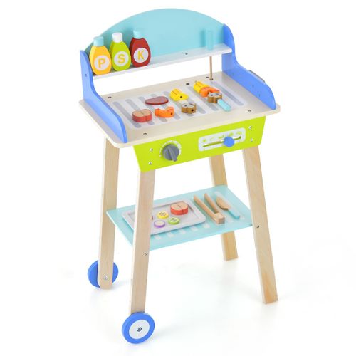 Jouet Barbecue Grill En Bois Pour Enfants 3 Ans+ 21 Accessoires Avec Roues Son Réaliste Cadeaux