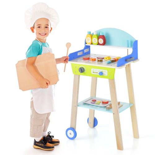 Jouet Barbecue Grill En Bois Pour Enfants 3 Ans+ 21 Accessoires Avec Roues Son Réaliste Cadeaux
